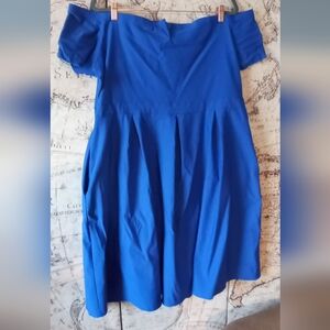 Plus Size Elegant Blue Off-Shoulder with Pockets Dress -Size 3X